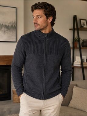 Men's Zip-Up Knit Cardigan Sweater - Charcoal